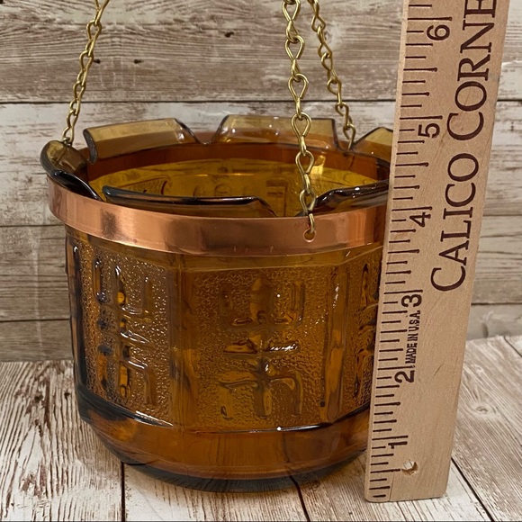 Vintage 70’s Princess House Amber Etched Glass Hanging Planter Plant Holder - Picture 5 of 13
